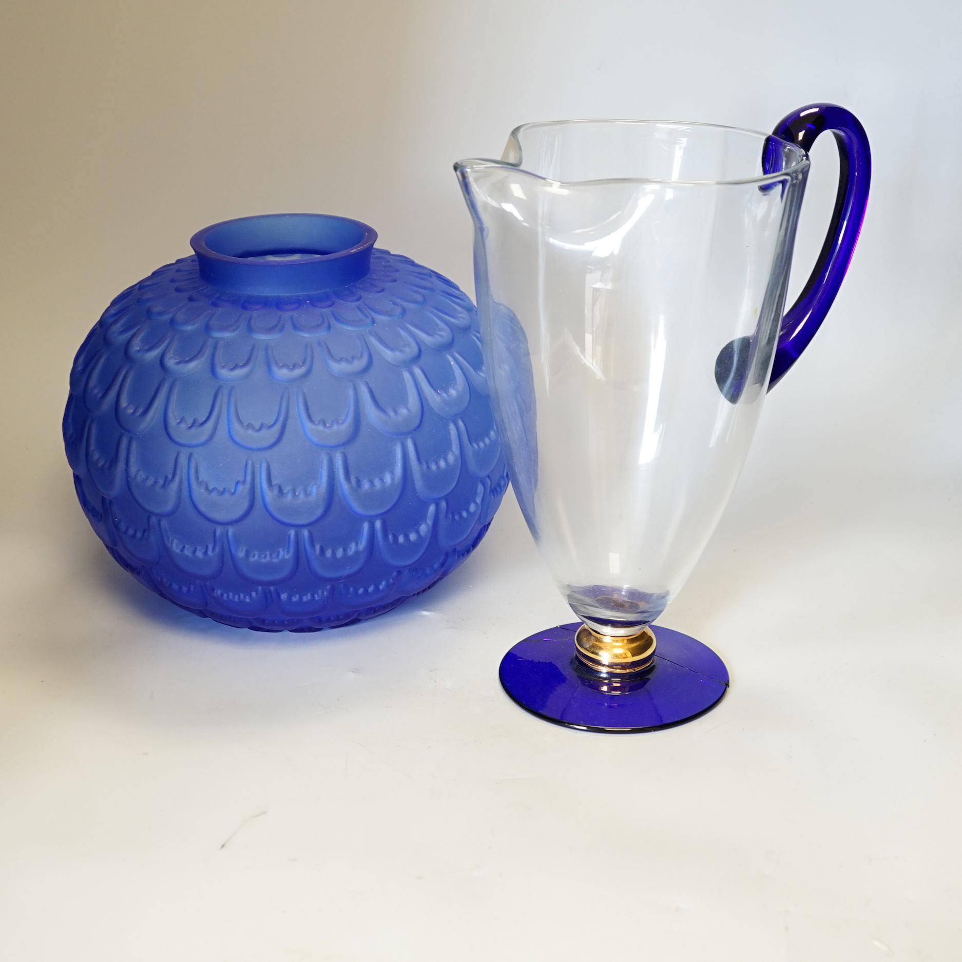 A frosted vase on stand (af) together with Haviland coloured glass flowers and various coloured glass vases etc, stand 92 cm high
